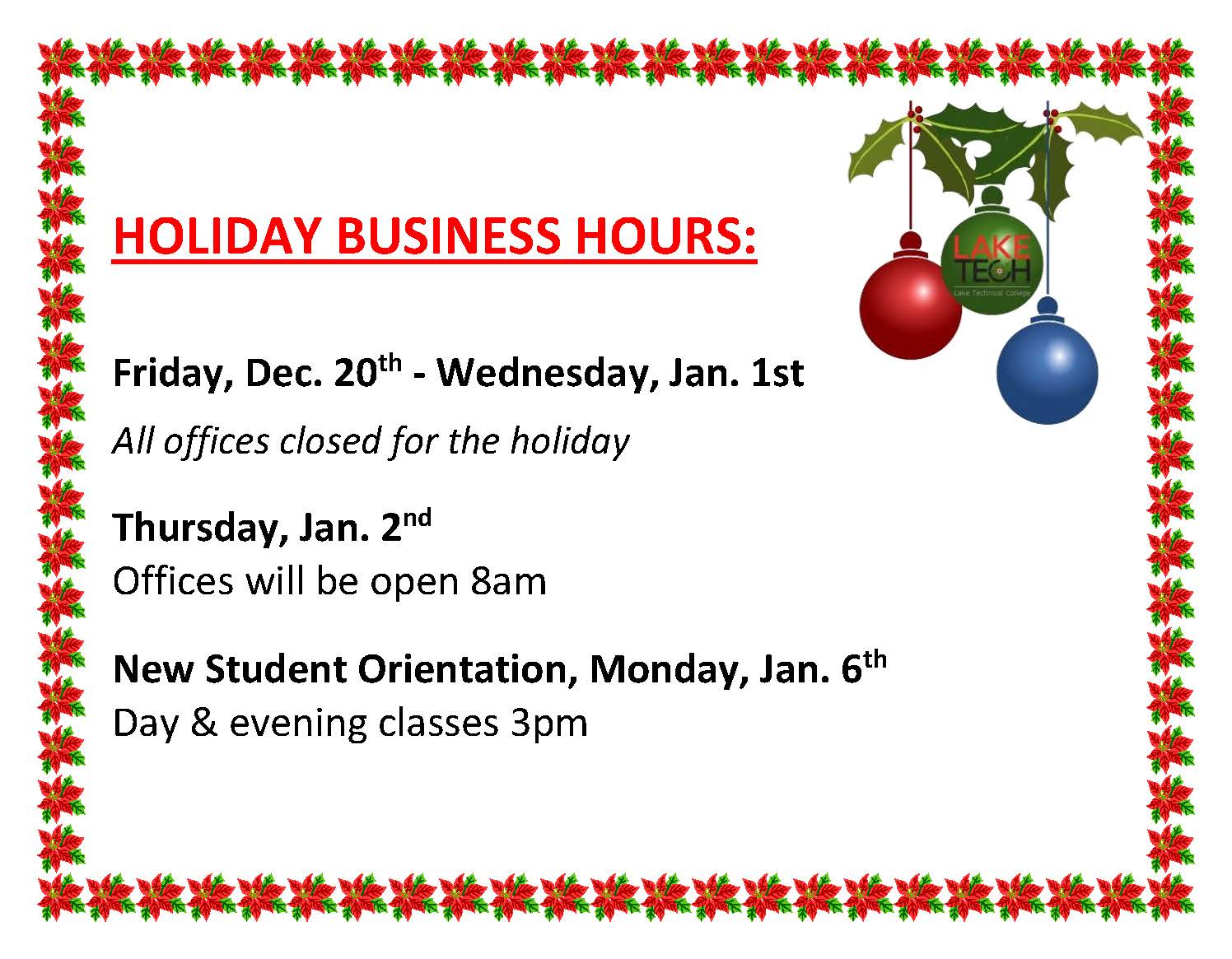 Holiday Hours LTC2019 003 Holiday Hours at Lake Tech